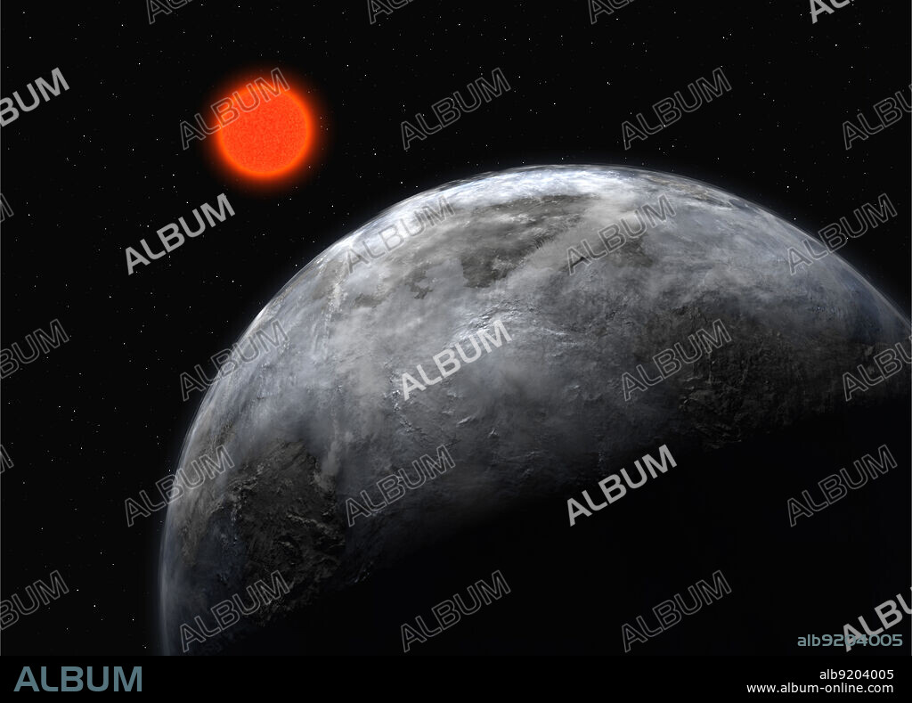 Artist's impression of the five-Earth mass planet, Gliese 581 c, found in the habitable zone around the red dwarf Gliese 581, with the instrument HARPS on the ESO 3.6-m telescope. Gliese 581 c gained interest from astronomers because it was reported to be the first potentially Earth-like planet in the habitable zone of its star, with a temperature right for liquid water on its surface, and by extension, potentially capable of supporting extremophile forms of Earth-like life.However, further research casts doubt upon the planet's habitability. It is tidally locked (always faces the parent star with the same face) so if life had a chance to emerge, the best hope of survival would be "the twilight zone." Release date April 25, 2007.