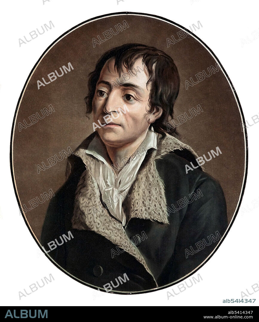 Jean-Paul Marat (May 24, 1743 - July 13, 1793) was a physician, political theorist, journalist and politician during the French Revolution. He broadcast his views through public speaking, essay writing and newspaper journalism. His radical denunciations of counter-revolutionaries supported much of the violence that occurred during the wartime phases of the French Revolution and his constant persecution of enemies of the people, brought him the trust of the populace and made him their unofficial link to the radical Jacobin group that came to power. In 1793 he was murdered in his bathtub by Charlotte Corday, a Girondist sympathizer. Aquatint by Pierre Michel Alix, undated (cropped and cleaned).