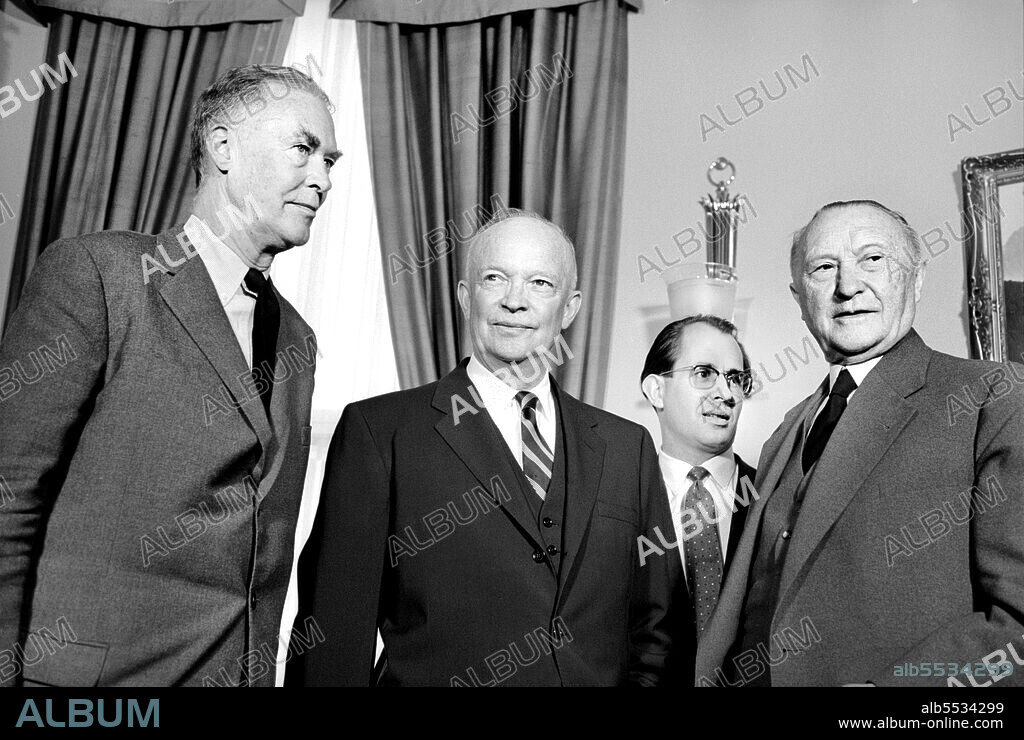 West German Chancellor Konrad Adenauer (right) with U.S. President Dwight Eisenhower (center) at the White House, Washington, D.C., USA, Marion S. Trikosko, US News & World Report Magazine Collection, May 27, 1959.
