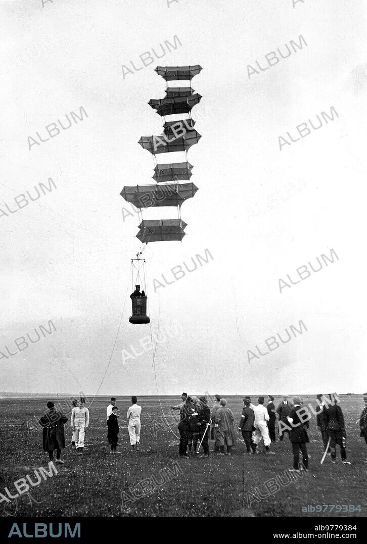 July 1910. At the Reims aviation rally. Kite Train in which Captain Maconey made a brilliant ascent.