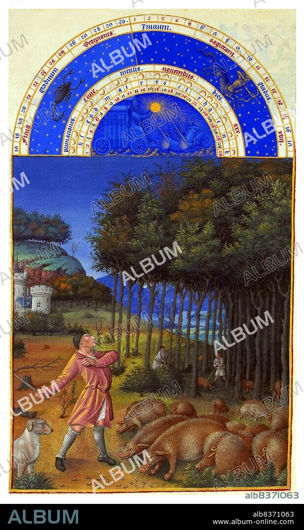 The <i>Tres Riches Heures du Duc de Berry</i> is the most famous and possibly the best surviving example of French Gothic manuscript illumination, showing the late International Gothic phase of the style. It is a book of hours: a collection of prayers to be said at the canonical hours.<br/><br/>. It was created between c. 1412 and 1416 for the extravagant royal bibliophile and patron John, Duke of Berry, by the Limbourg brothers. When the three painters and their sponsor died in 1416, possibly victims of plague, the manuscript was left unfinished. It was further embellished in the 1440s by an anonymous painter, who many art historians believe was Barthelemy d'Eyck. In 1485-1489, it was brought to its present state by the painter Jean Colombe on behalf of the Duke of Savoy.<br/><br/>. Acquired by the Duc d'Aumale in 1856, the book is now in the Musee Conde, Chantilly, France.
