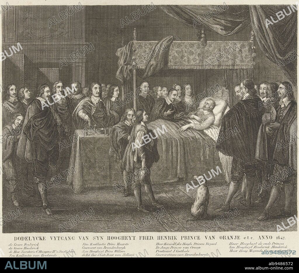 Interior with Frederick Henry on his deathbed, 14 March 1647. Around the bed are family members and friends, some of whom are named below the scene. Death of Prince Frederick Henry, 1647 Dodelycke uytgang van syn hoogheyt Fred. Henrik prince van Oranje etc. Anno 1647, print maker: anonymous, Cornelis van Dalen (I), after: Adriaen Pietersz. van de Venne, Netherlands, 1800 - 1899, paper, steel engraving, h 220 mm × w 280 mm.