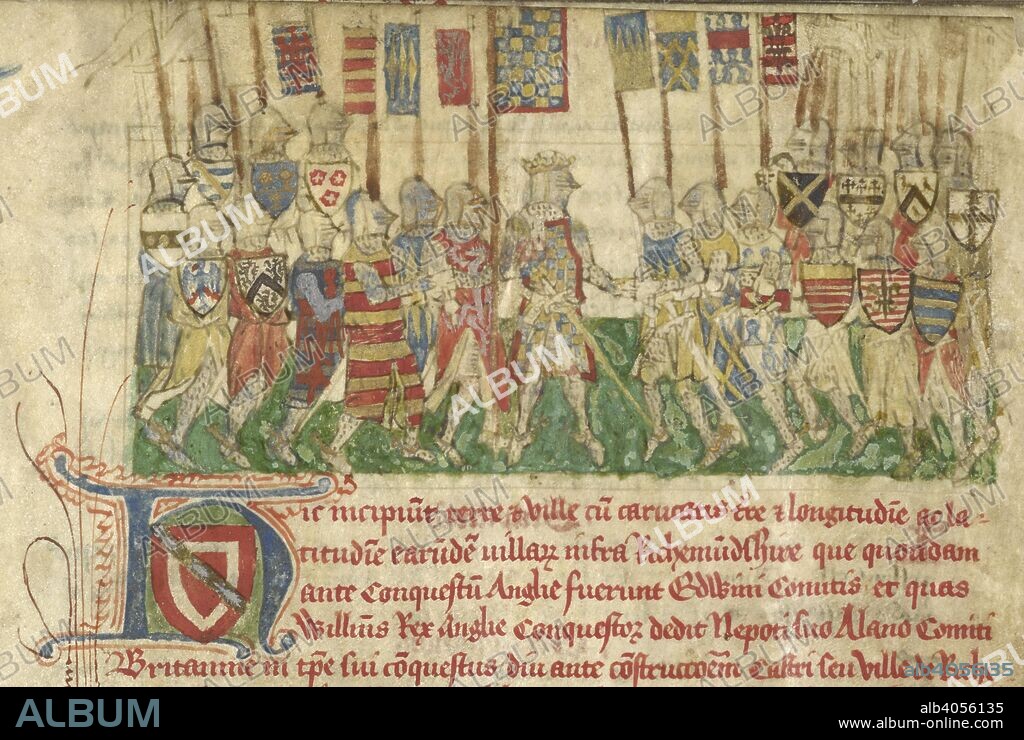 Alan Rufus, founder of Richmond Castle, with his vassal knights. Register of the Honour of Richmond. England, 15th century. Source: Cotton Faustina B.VII, part 2, f.73. Language: Latin.