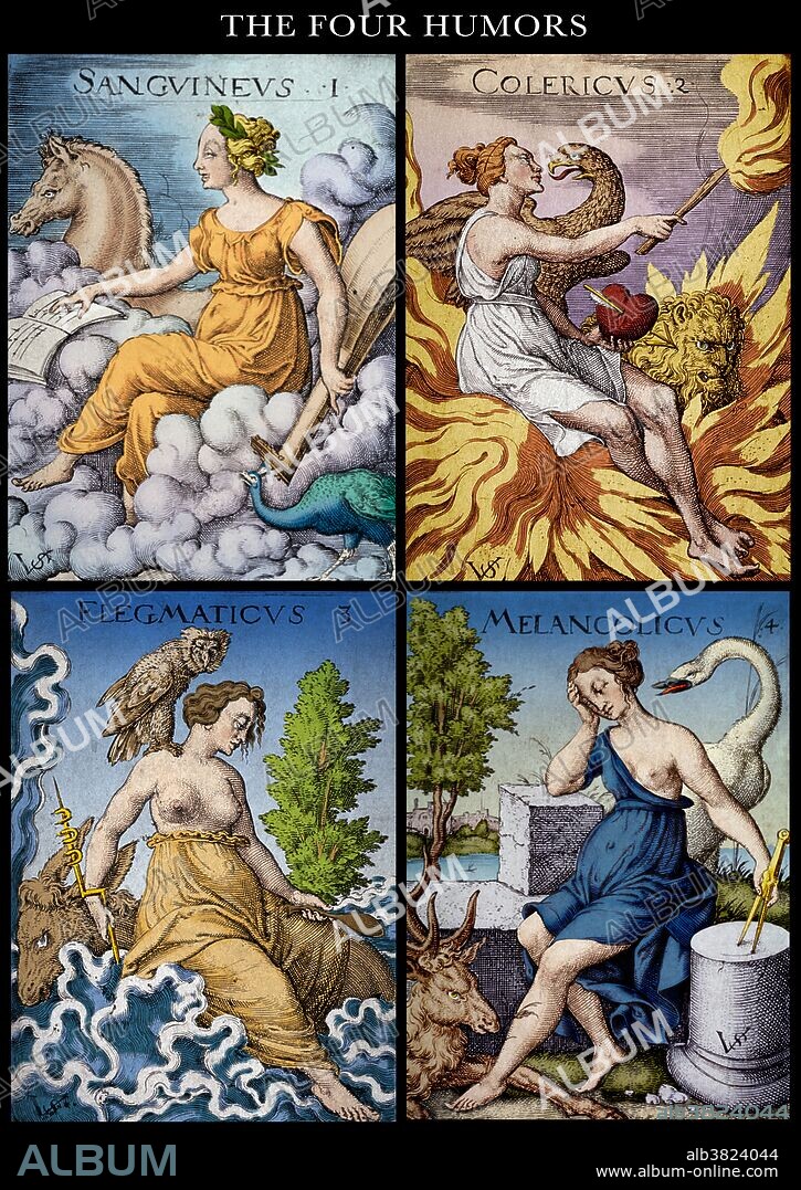 The Four Humors. Humorism was an ancient theory of medicine that held that an excess or deficiency of any of four distinct bodily fluids, or 'humors', directly influences a person's temperament and health. From Hippocrates onward, the humoral theory was adopted by Greek, Roman and Persian physicians, and became the most commonly held view of the human body among European physicians until the advent of modern medical research in the nineteenth century. The four humors are black bile, yellow bile, phlegm, and blood. Each corresponds to one of the traditional four temperaments or personality types: sanguine (pleasure-seeking and sociable), choleric (ambitious and leader-like), melancholic (analytical and literal), and phlegmatic (relaxed and thoughtful). Engraving by Virgilius Solis, the Elder, 16th century. This image has been color-enhanced.