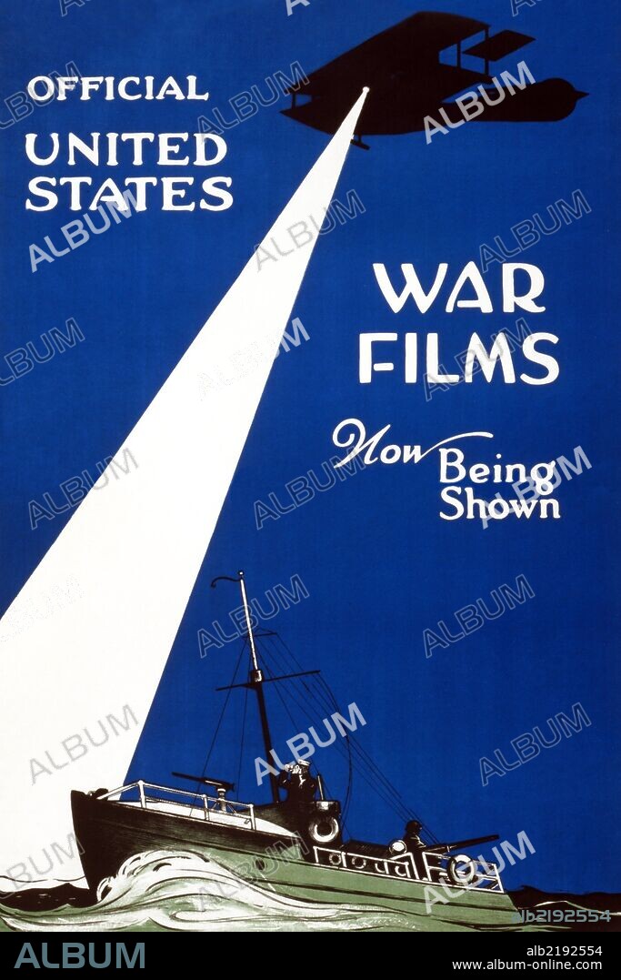 Official United States war films now being shown; an airplane casting a searchlight on the water, as a sailor on a small gunboat peers through binoculars.