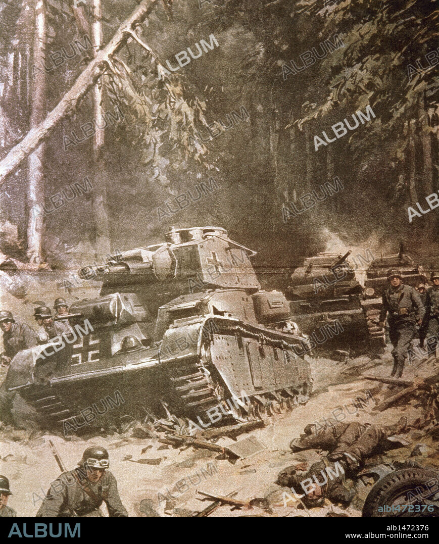 SEGUNDA GUERRA MUNDIAL (1939-1945). S. XX. "CARROS BLINDADOS ALEMANES AVANZANDO HACIA PARIS". Dibujo.