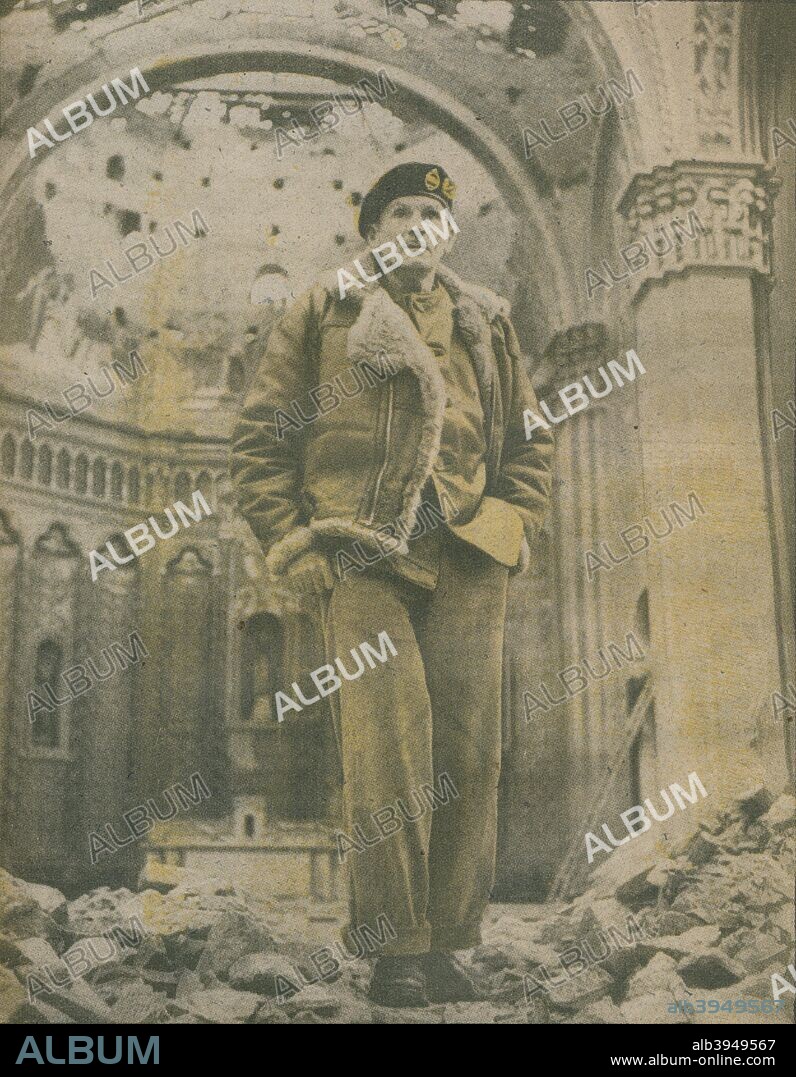 'General Sir Bernard Montgomery, K.C.B., D.S.O., surveys the shell-torn ruins of Fossacesia behind the Allied lines on the Italian front', 1944. From The War Illustrated Volume 7 edited by Sir John Hammerton. [The Amalgamated Press Ltd, London, 1943-44].