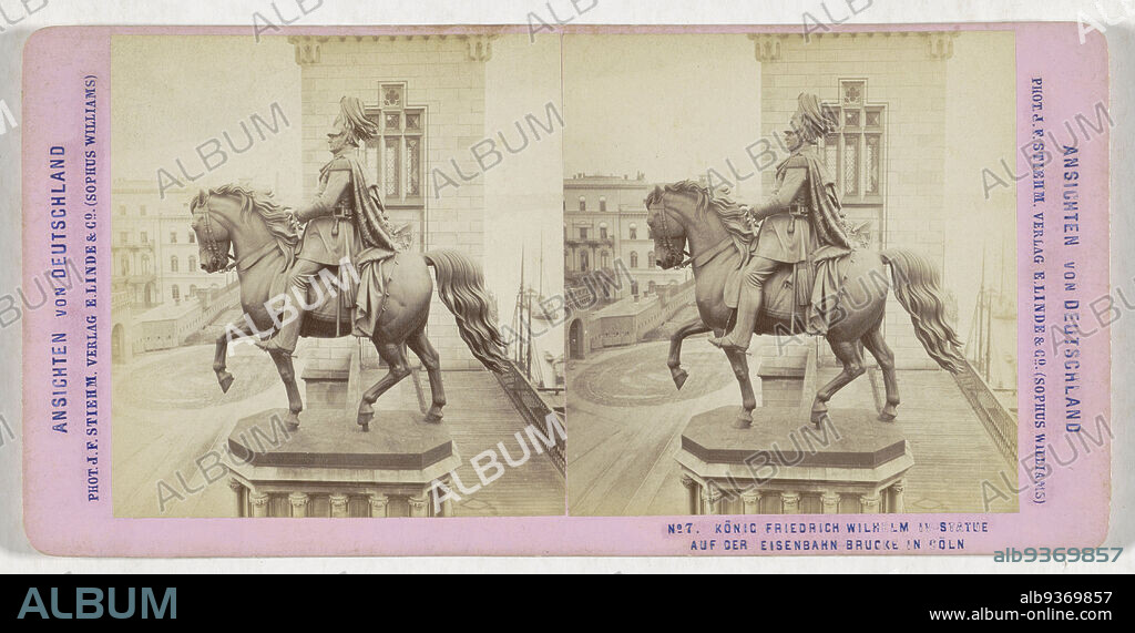 Equestrian statue of King Frederick William IV on the railroad bridge in Cologne, König Friedrich Wilhelm IV-Statue auf der Eisenbahn Brücke in Cöln (title on object), Ansichten von Deutschland (series title on object), Johann Friedrich Stiehm (mentioned on object), Gustav Bläser, Cologne, publisher: Berlin, 1867 - 1871, cardboard, paper, albumen print, height 86 mm × width 177 mm.