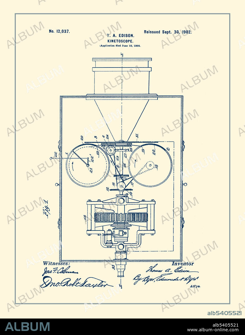 The Kinetoscope is an early motion picture exhibition device. The Kinetoscope was designed for films to be viewed by one individual at a time through a peephole viewer window at the top of the device. The Kinetoscope was not a movie projector but introduced the basic approach that would become the standard for all cinematic projection before the advent of video, by creating the illusion of movement by conveying a strip of perforated film bearing sequential images over a light source with a high-speed shutter. First described in conceptual terms by U.S. inventor Thomas Edison in 1888, it was largely developed by his employee William Kennedy Laurie Dickson between 1889 and 1892. This image has been colorized.