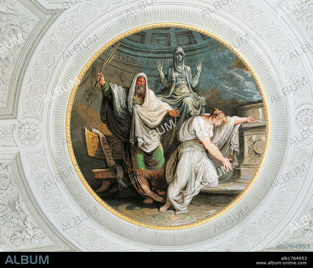 Decoration of the hall of Numa Pompilius in Palazzo Milzetti in Faenza the high priest punishes a vestal, by Giani Felice, 19th Century, 1802-1805, mural (fresco) ,. Italy, Emilia Romagna, Ravenna, Faenza, Palazzo Milzetti, Theater Museum, Numa Pompilio Room.