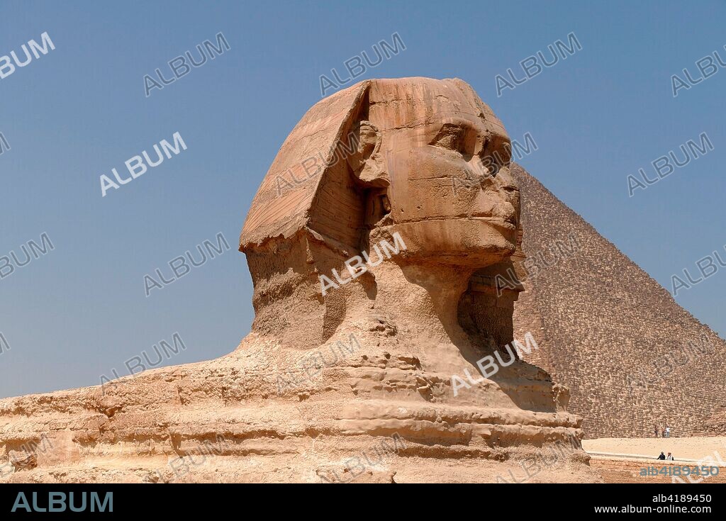 The Great Sphinx of Giza. limestone statue of a reclining sphinx. a mythical creature with the body of a lion and the head of a human. Facing directly from West to East. it stands on the Giza Plateau on the west bank of the Nile in Giza. Egypt. The face of the Sphinx is generally believed to represent the Pharaoh Khafre. Cut from the bedrock. (approx. 2558–2532 BC).