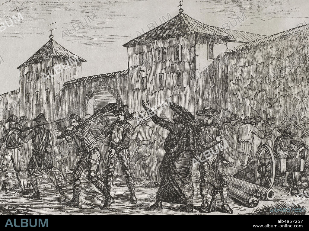 Ocupación napoleónica. El levantamiento en Sevilla (26-27 de mayo de 1808). El dia 26 de mayo al anochecer, soldados del regimiento Olivenza se dirigieron al depósito de la Real Maestranza de Artillería y de los almacenes de pólvora. Un inmenso gentío se apoderó de armas. El 27 de mayo se constituyó la Junta Suprema Central. "Pronunciamiento de Sevilla". Grabado. Historia del Levantamiento, Guerra y Revolución de España. Madrid,1852.