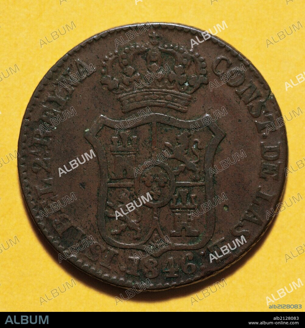 HISTORIA DE ESPAÑA. NUMISMATICA. SIGLO XIX. "TRES CUARTOS". Los cuartos eran monedas de cobre primitivamente de vellón. Acuñadas durante los siglos XV al XIX. Ejemplar acuñado en Barcelona en el año 1846, durante el reinado de ISABEL II de España (1830-1904). ANVERSO. Instituto Municipal de Historia de Barcelona. Cataluña.