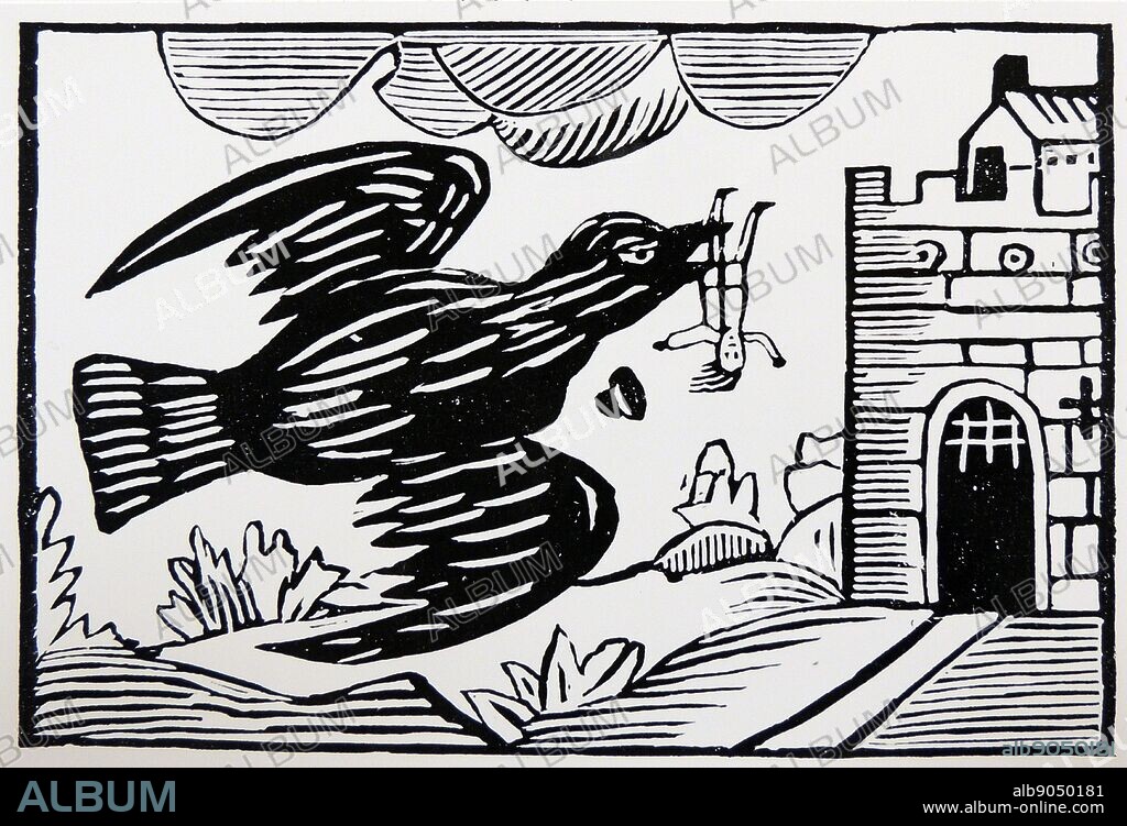 'The Famous History of Tom Thumb'' Tom carried off to King Arthur's court by a raven. Late eighteenth century woodcut.
