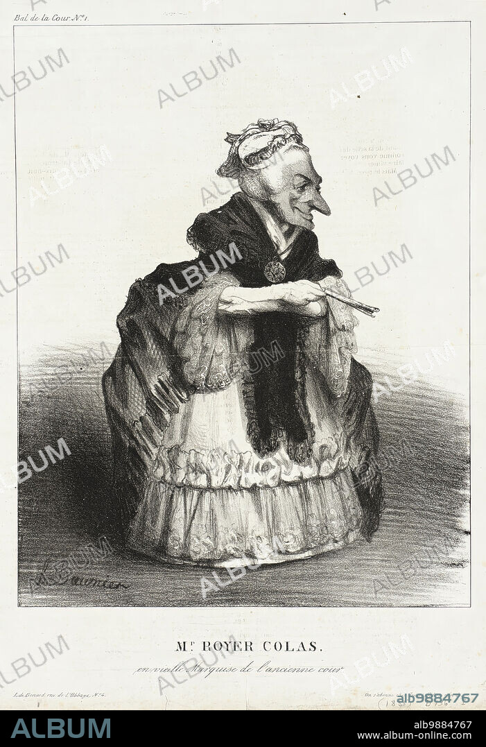 HONORé DAUMIER. Mr. Royer Colas en vieille Marquise de l'ancienne cour, 1833. Monsieur Royer Colas as an elderly marchioness of the old court. From Bal de la Cour, plate i.
