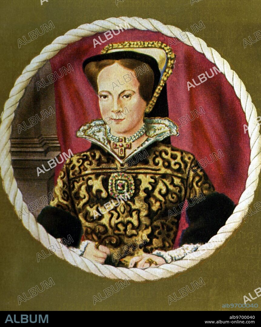 Maria die Katholische - Queen of England (1556-1558) - after a miniature by Antonis Mor - . Mary I (18 February 1516 - 17 November 1558), was Queen of England and Queen of Ireland from 19 July 1553 until her death. The fourth crowned monarch of the Tudor dynasty, she is remembered for restoring England to Roman Catholicism after succeeding her short-lived brother, Edward VI, to the English throne. In the process, she had almost three hundred religious dissenters burned on the stake, resulting in her being called Bloody Mary. Her reestablishment of Roman Catholicism was reversed by her successor and half-sister, Elizabeth I.. ©TopFoto.