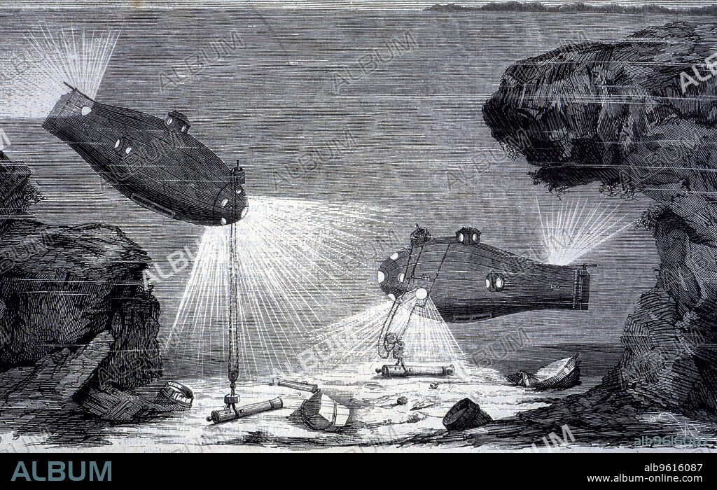 Trials with underwater navigation device Ictíneo, invented by engineer Narciso Monturiol, in the port of Barcelona on September 26, 1859, engraving of the time.