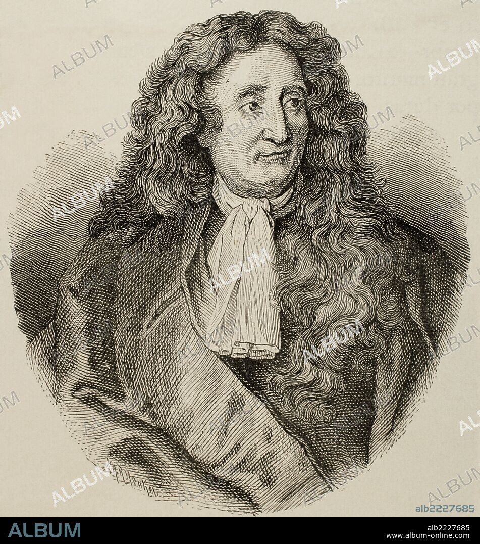 JEAN DE LA FONTAINE (1621-1695). Fabulista francés. Grabado por A. Rilenker. "Historia de Francia", 1881.