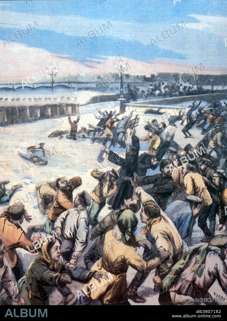 Bloody Sunday is the name given to the events of Sunday, January 22 (O.S. January 9), 1905 in St Petersburg, Russia, when unarmed demonstrators led by Father Georgy Gapon were fired upon by soldiers of the Imperial Guard as they marched towards the Winter Palace to present a petition to Tsar Nicholas II of Russia. Bloody Sunday caused grave consequences for the Tsarist autocracy governing Imperial Russia, showing disregard for ordinary people which undermined the state. The events in St. Petersburg provoked public outrage and a series of massive strikes that spread quickly throughout the industrial centers of the Russian Empire. The number killed is uncertain but the Tsar's officials recorded 96 dead and 333 injured; anti-government sources claimed more than 4,000 dead; moderate estimates still average around 1,000 killed or wounded, both from shots and trampled during the panic. The massacre on Bloody Sunday is considered to be the start of the active phase of the Revolution of 1905 and one of the key events which led to the Russian Revolution of 1917. Published in "Le Petit Parisien", no artist credited, 1905.