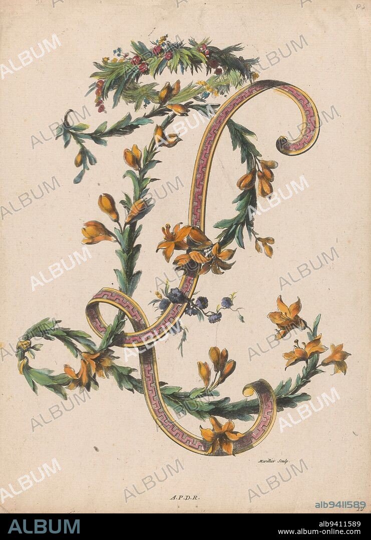Letter L, IIme Recueil de Chiffres (series title), Twice a decorative letter L in floral scrolls and in ribbon form. At the top a garland of flowers., print maker: Clément Pierre Marillier, (mentioned on object), after design by: Charles Germain de Saint-Aubin, publisher: weduwe François Chéreau (II), Paris, 1755 - 1768, paper, etching, height 326 mm × width 237 mm.