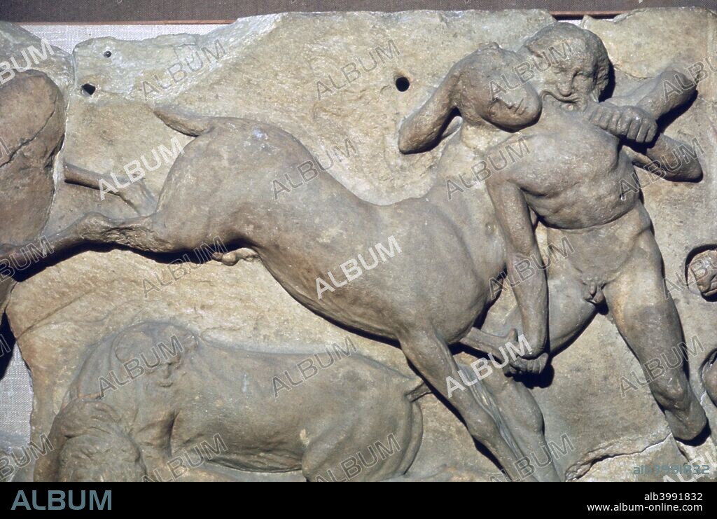 Marble relief of a centaur and Lapith fighting, The Bassai Sculptures / The Phigaleian Frieze, Temple of Apollo, Bassae, Greece, 420BC-400BC. It depicts the battle of Lapiths and centaurs at the wedding feast of Peirithoos, after they became drunk and attempted to carry off and rape the women. From the British Museum's collection.