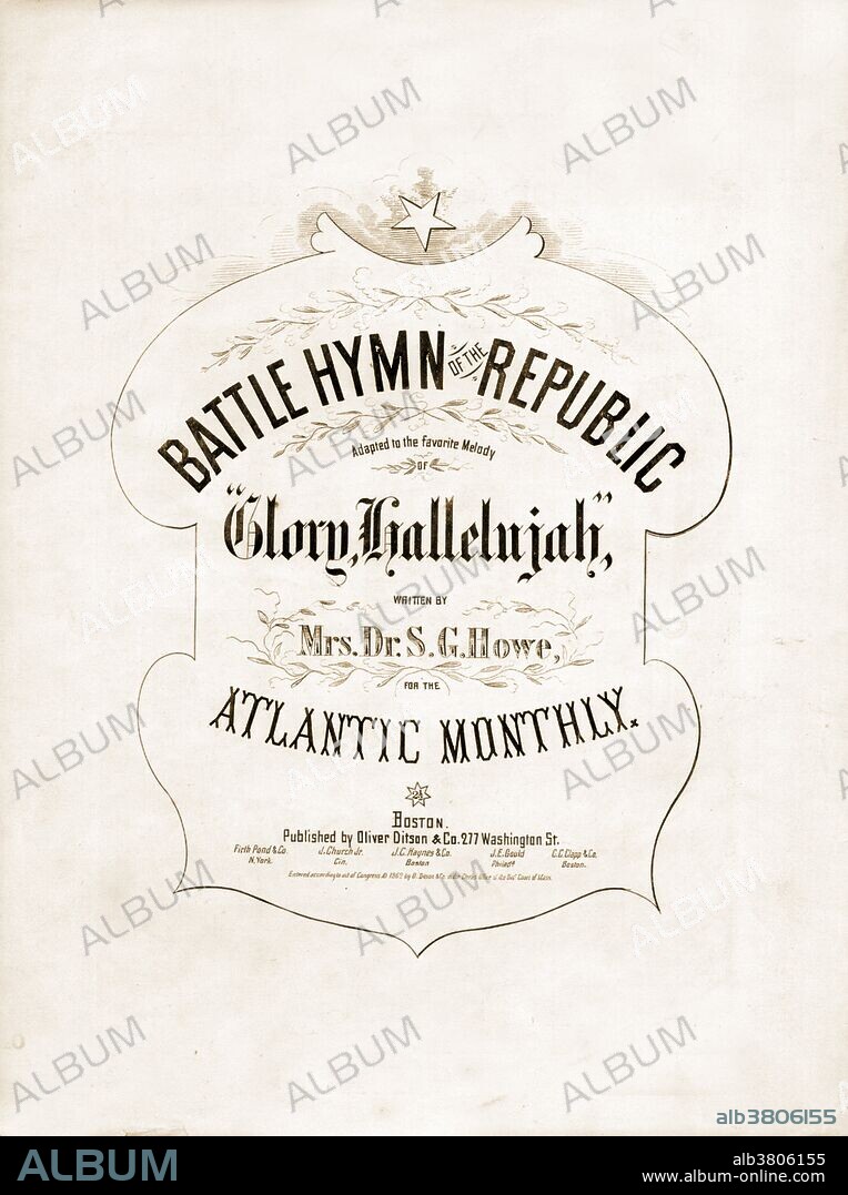 Sheet music to "The Battle Hymn of the Republic", also known as "Mine Eyes Have Seen the Glory" outside of the United States. This is a song by American writer Julia Ward Howe using the music from the song "John Brown's Body." Howe's more famous lyrics were written in November 1861, and first published in The Atlantic Monthly in February 1862. The song links the judgment of the wicked at the end of time (Old Testament, Isaiah 63; New Testament, Rev. 19) with the American Civil War. Since that time, it has become an extremely popular and well-known American patriotic song.