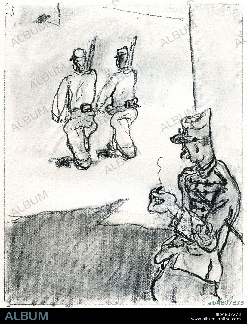 Le capitaine Hurluret regardant La Guillaumette et Croquebol au port d'arme. Illustration de 1931 par Gus BOFA (1883-1968) pour Le Train de 8 heures 47 de COURTELINE (1858-1929). ADAGP. Credit : Collection Jonas/Kharbine-Tapabor.