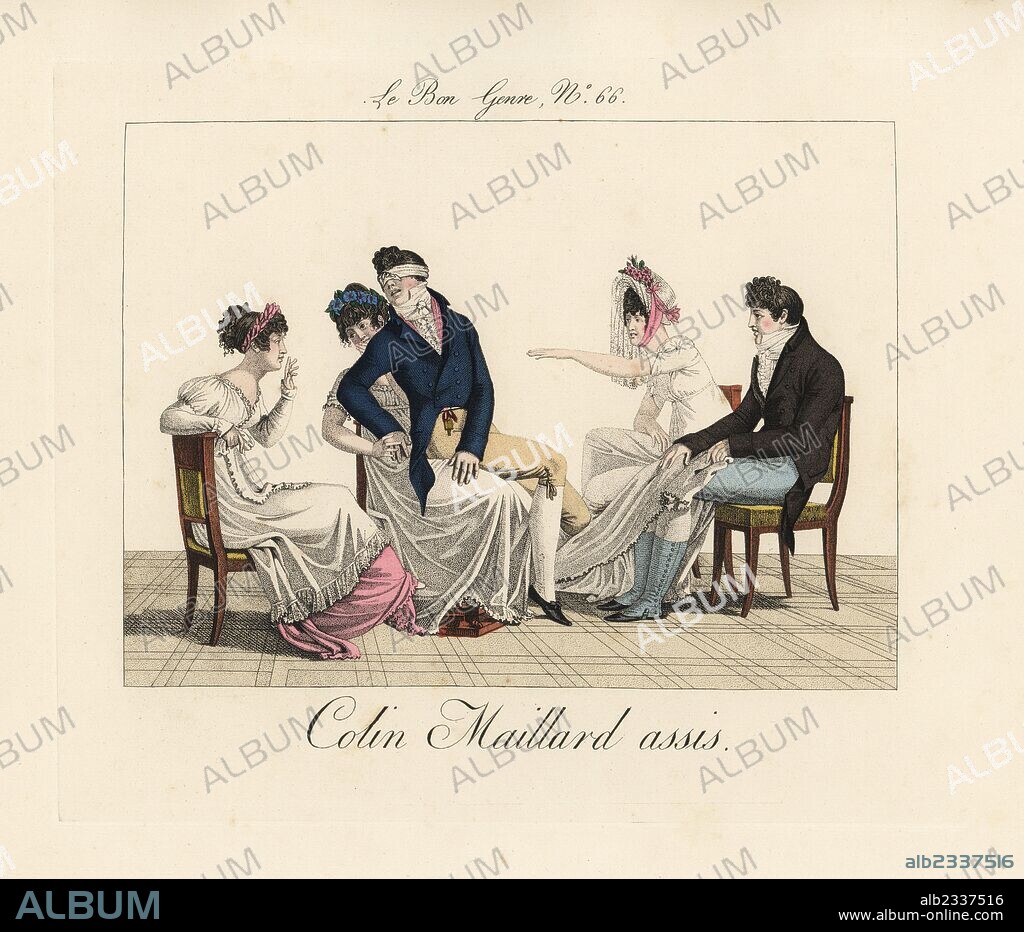 Seated blind man's buff. A dandy in Regency fashion guesses the identity of the woman in muslin dress who provides his chair. Handcoloured engraving from Pierre de la Mesangere's Le Bon Genre, Paris, 1817.