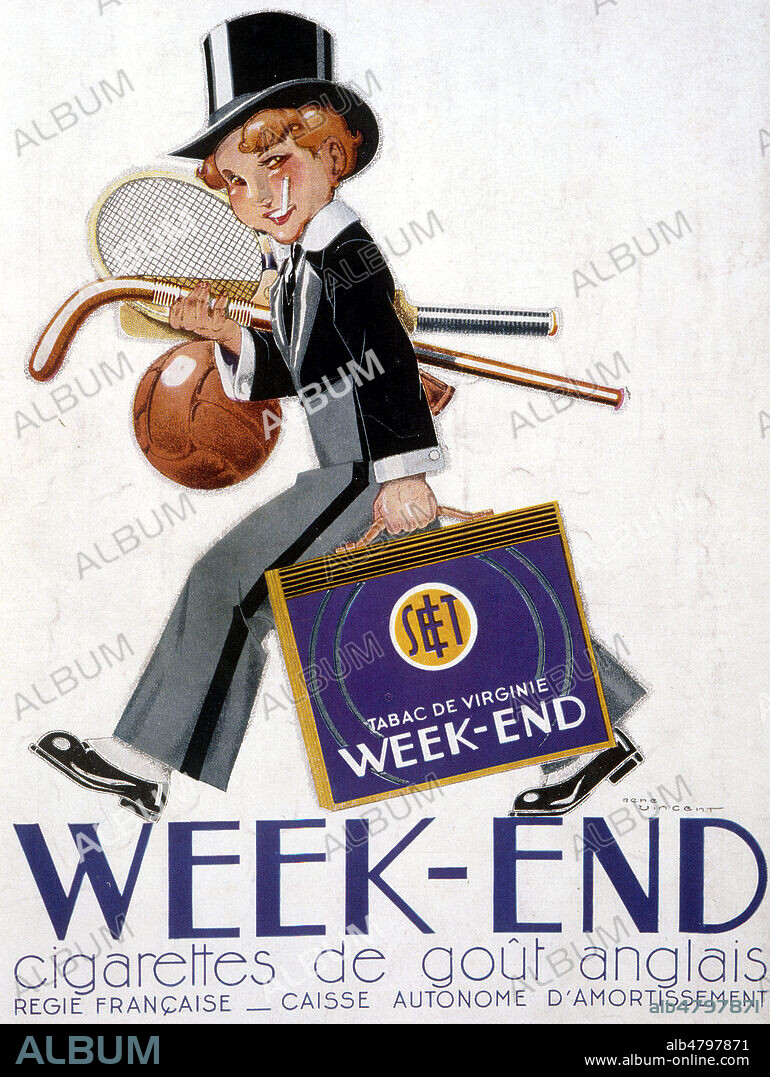 'Tabac de Virginie Week-End cigarettes de gout anglais. Regie francaise caisse autonome d'amortissement', publicite de 1934 illustree par Rene VINCENT (1879-1936 ). Credit : Collection KHARBINE-TAPABOR.