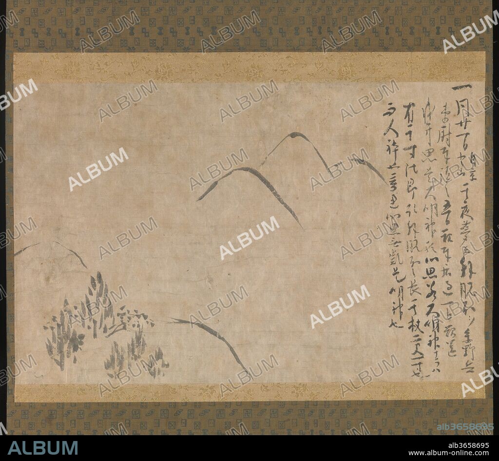Section of the Dream Diary (Yume no ki) with a Sketch of Mountains. Artist: Myoe Koben (Japanese, 1173-1232). Culture: Japan. Dimensions: Image: 12 x 19 in. (30.5 x 48.3 cm)
Overall with mounting: 44 5/8 x 19 5/8 in. (113.3 x 49.8 cm)
Overall with knobs: 44 5/8 x 21 1/2 in. (113.3 x 54.6 cm). Date: ca. 1203-10.
The content of a dream is inscribed in a mixture of Chinese characters and Japanese phonetic syllables known as katakana, along with a sketchy depiction of three mountains. The dreamer records a meeting with two of his acquaintances, one of whom turned out to be a deity of the Kasuga Shrine in Nara. The dream was once part of a handscroll recounting all the dreams recollected by the Buddhist monk Myoe, a seminal figure in the revival of the teachings of the  Flower Garland Sutra (Kegonkyo). Myoe was further renowned for his extraordinary predilection for seeing visions and for dreaming, which he dutifully recorded from the 1190s until his death in 1232. These writings are now collectively known as the Dream Record Yume no ki).
The drawing of three mountains in the distance refers to the three peaks at Kasuga, while the hills in the foreground represent the forested hills of Myoe's own domicile at Kozanji temple.