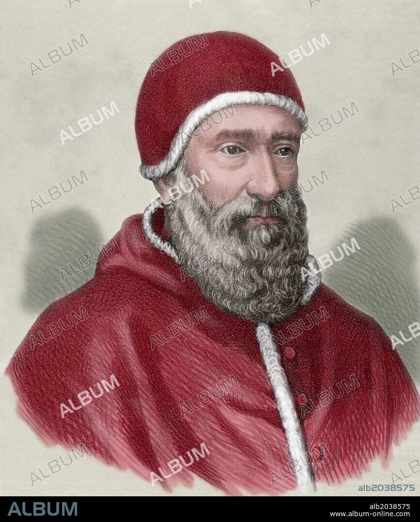 Clement VII (1478Ð1534), born Giulio di Giuliano de Medici Cardinal from 1513 to 1523 and  Pope from 1523 to 1534. Thanks to his patronage Michelangelo finished the paintings of the Last Judgement in the Sistine Chapel. Colored engraving.