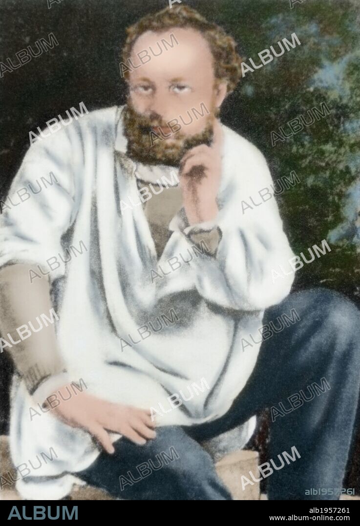 PIERRE-JOSEPH PROUDHON (1809-1865). Filósofo y revolucionario anarquista francés. Fotografía a partir del retrato que el pintor francés Gustave Courbet le realizó en 1865 ("PROUDHON Y SUS HIJOS EN 1853"). Coloreada.