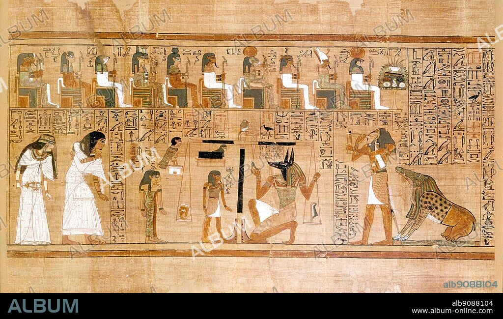 Egyptian weighing heart of deceased in judgement hall and osiris.