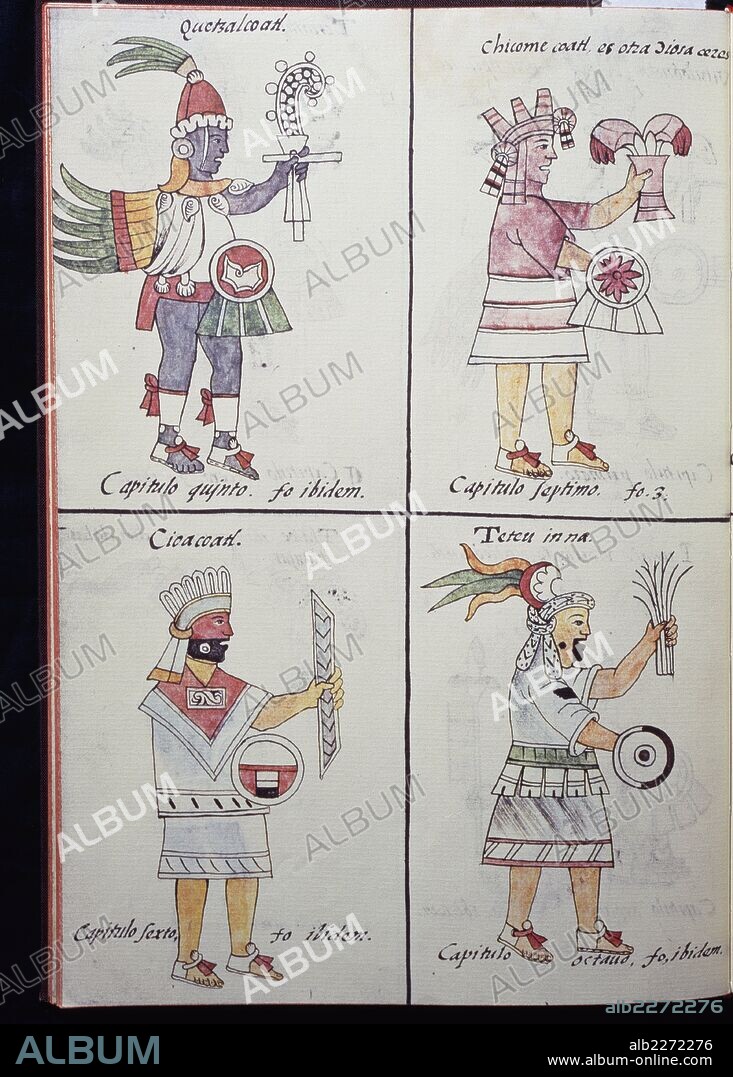 Quetzalcoatl, Chicomecoatl, Cihuacoatl and Tetcu, gods of the ancient Mexicans, page from the Florentine Codex, bilingual version in Spanish and Nahuatl, General History of the Things of New Spain (Historia general de las cosas de Nueva Espana), by the Spanish missionary Fray Bernardino de Sahagun (1499-1590). Aztec civilisation, 16th century. Facsimile.