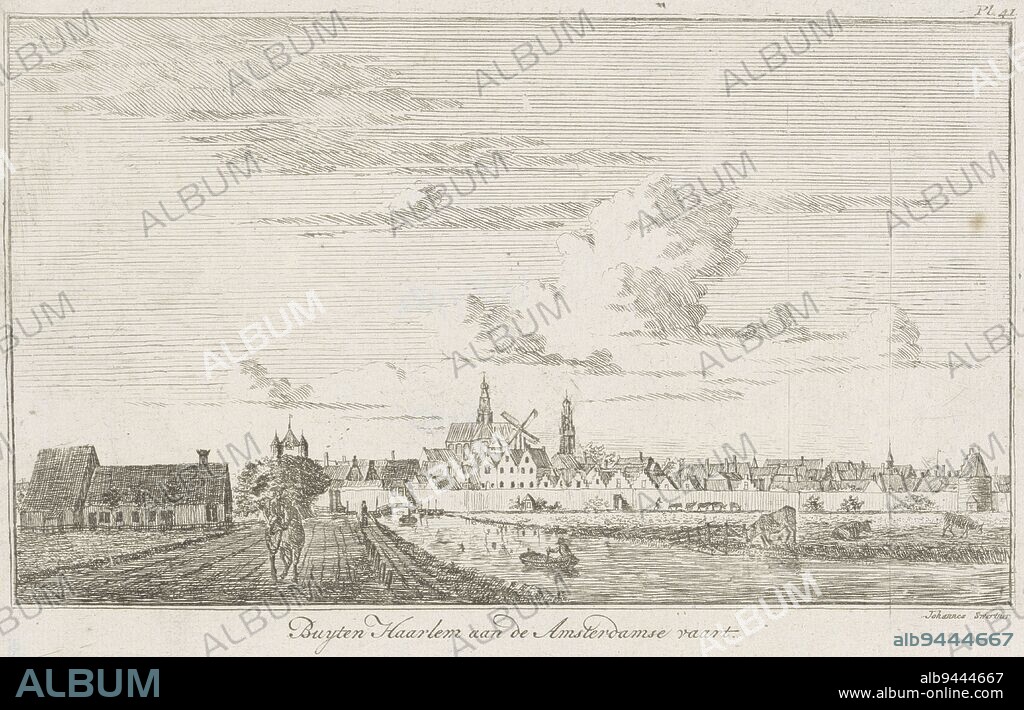 View of Haarlem across the water of the Amsterdam canal. On the water several rowing boats, on the bank cows in the meadow. Numbered 'Pl. 41' on the top right, View of Haarlem across the Amsterdam canal Buyten Haarlem on the Amsterdam canal., print maker: Johannes Swertner, (mentioned on object), 1763 - 1813, paper, etching, h 151 mm × w 230 mm.