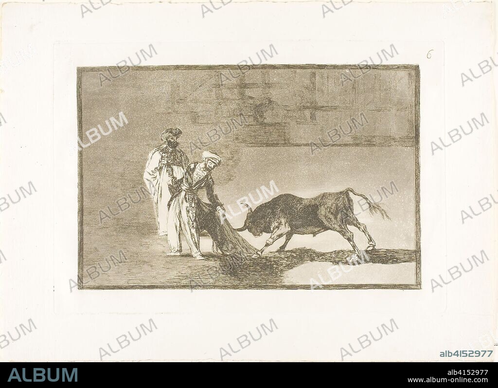 FRANCISCO DE GOYA. The Moors make a different play in the ring calling the bull with their burnous, plate six from The Art of Bullfighting. Francisco José de Goya y Lucientes; Spanish, 1746-1828. Date: 1813-1816. Dimensions: 202 x 309 mm (image); 245 x 352 mm (plate); 322 x 444 mm (sheet). Etching, burnished aquatint and drypoint on ivory laid paper. Origin: Spain.