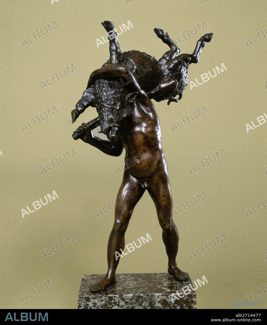 AFTER GIOVANNI BOLOGNA. Hercules Carrying the Erymanthian Boar. Dated: c. 1575/1675. Dimensions: overall: 44.5 x 17 x 25.5 cm (17 1/2 x 6 11/16 x 10 1/16 in.). Medium: bronze.