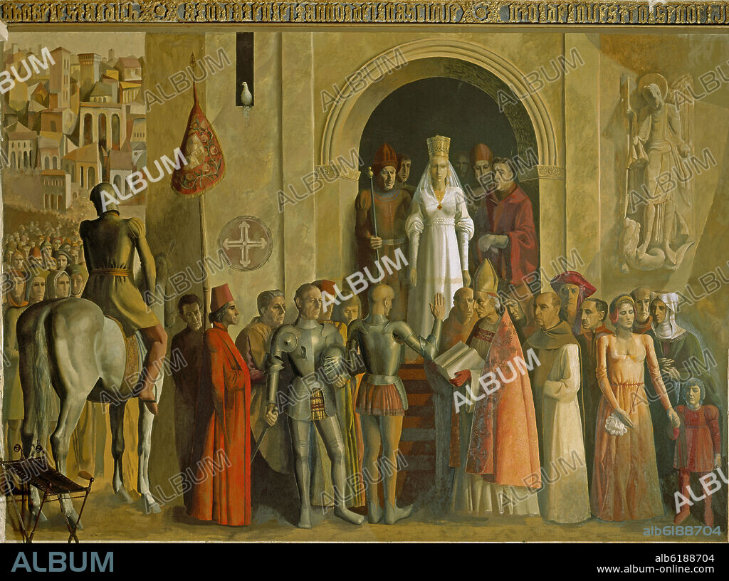 CARLOS MUÑOZ DE PABLOS (1938-). CORONACION DE ISABEL LA CATOLICA EN EL ATRIO DE LA IGLESIA DE SAN MIGUEL EN LA PLAZA MAYOR DE SEGOVIA - SIGLO XX - FRESCO EN LA SALA D.