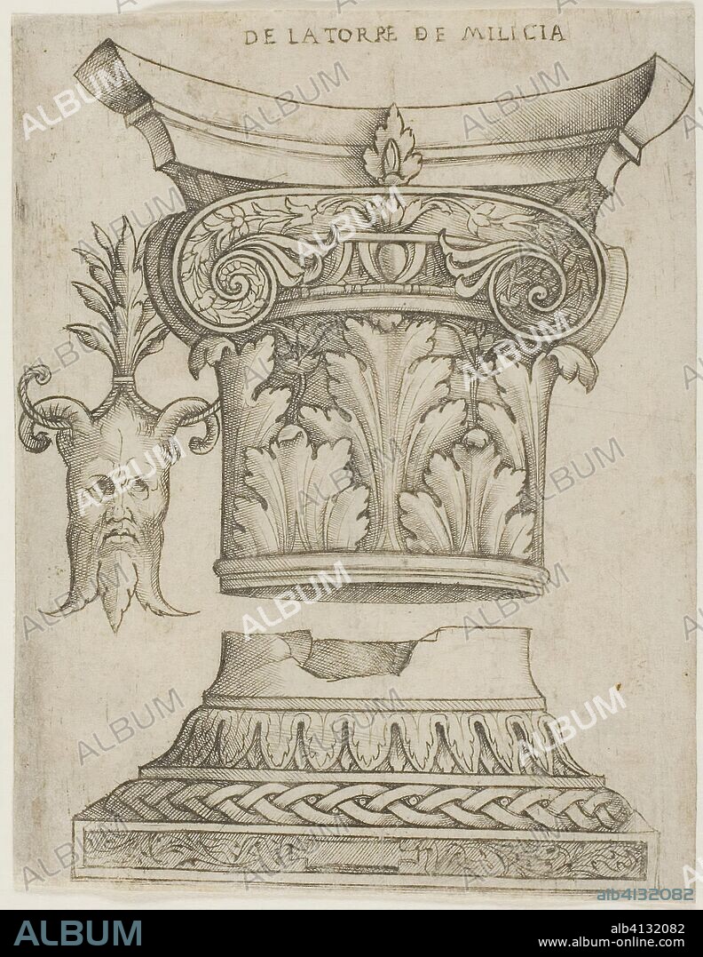 Architectural Details: Base, Capital, and Mask. Giovanni Antonio da Brescia; Italian, c. 1460-c. 1520. Date: 1510-1525. Dimensions: 141 x 108 mm. Engraving in dark brown on ivory laid paper. Origin: Italy.