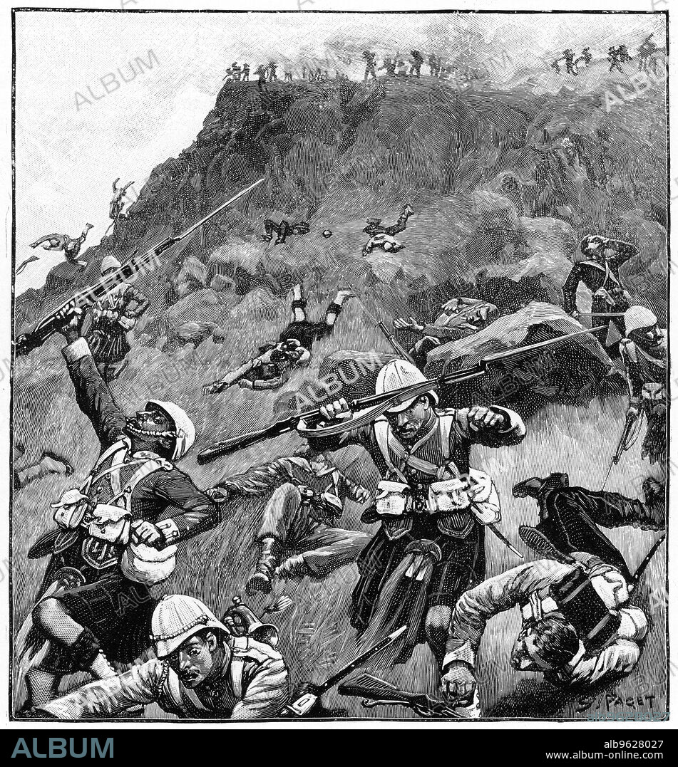 RICHARD CATON WOODVILLE II. 92nd Gordon Highlanders in retreat, Battle of Majuba Hill, 1st Boer War, 26-27 February 1881. British troops under Major-General George Colley took Majuba Hill. The Boers counterattacked, taking the British by surprise. Colley was one of the 93 British soldiers killed. 133 British were wounded and the Boers took 58 prisoners.