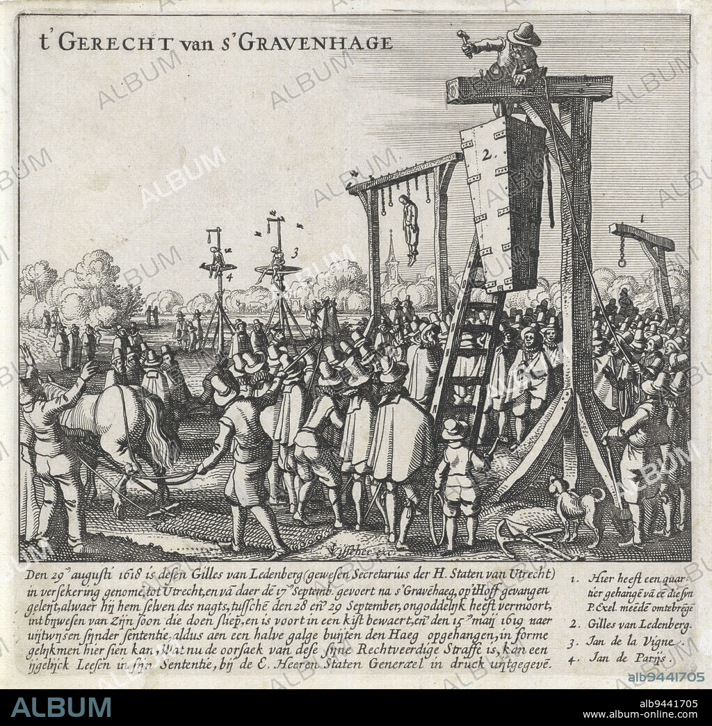 The coffin containing the remains of Gilles van Ledenberg is hung on the gallows outside The Hague, May 15, 1619. Van Ledenberg had committed suicide on the night of 28-29 September 1618 and was sentenced to death once more in May 1619. Below the image is a description of the events, Van Ledenberg's coffin on the gallows t'Gerecht van s'Gravenhage , print maker: Claes Jansz. Visscher (II), (mentioned on object), publisher: Claes Jansz. Visscher (II), (mentioned on object), Amsterdam, 1619, paper, etching, h 186 mm × w 191 mm.