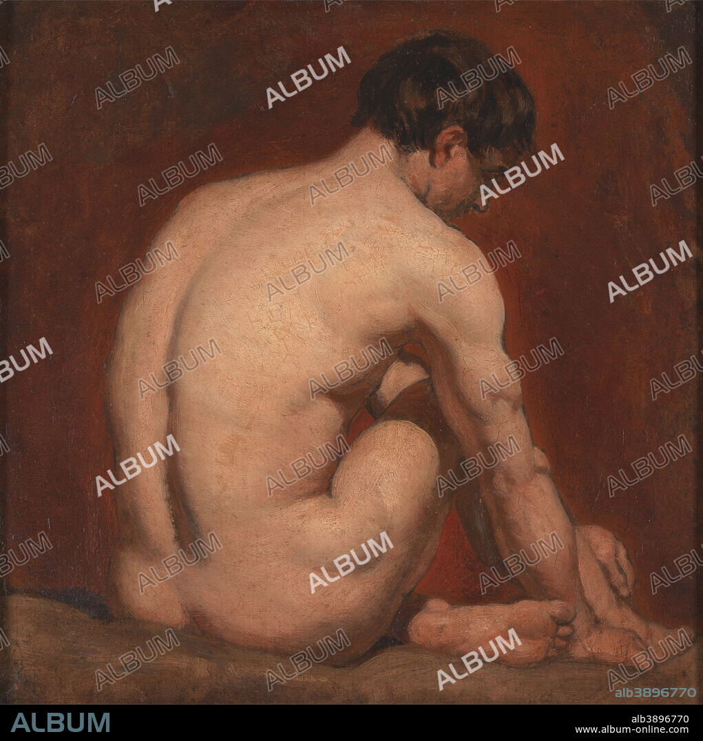 WILLIAM ETTY. Male Nude, Kneeling, from the Back. Date/Period: Ca. 1840. Painting. Oil on board. Height: 419 mm (16.49 in); Width: 432 mm (17 in).