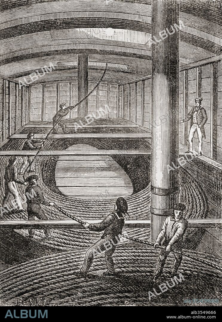Winding the Dover to Calais submarine cable in the hold of the Blazer, 1851. From Les Merveilles de la Science, published c.1870.