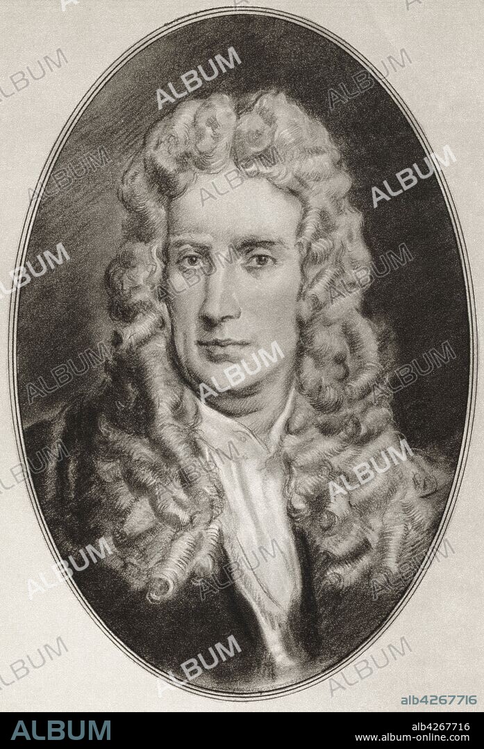 Sir Isaac Newton,  1642 – 1726/27 English mathematician,  astronomer,  theologian,  author,  physicist and natural philosopher Illustration by Gordon Ross,  American artist and illustrator 1873-1946,  from Living Biographies of Famous Men.