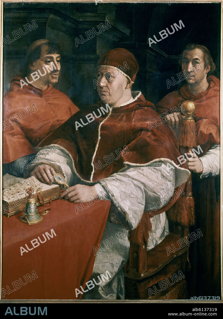 RAFAEL SANZIO O RAFAEL DE URBINO. EL PAPA LEON X CON EL CARDENAL ROSSI (DERECHA) Y CON CLEMENTE VII (IZQUIERDA) - 1518 - RENACIMIENTO ITALIANO.