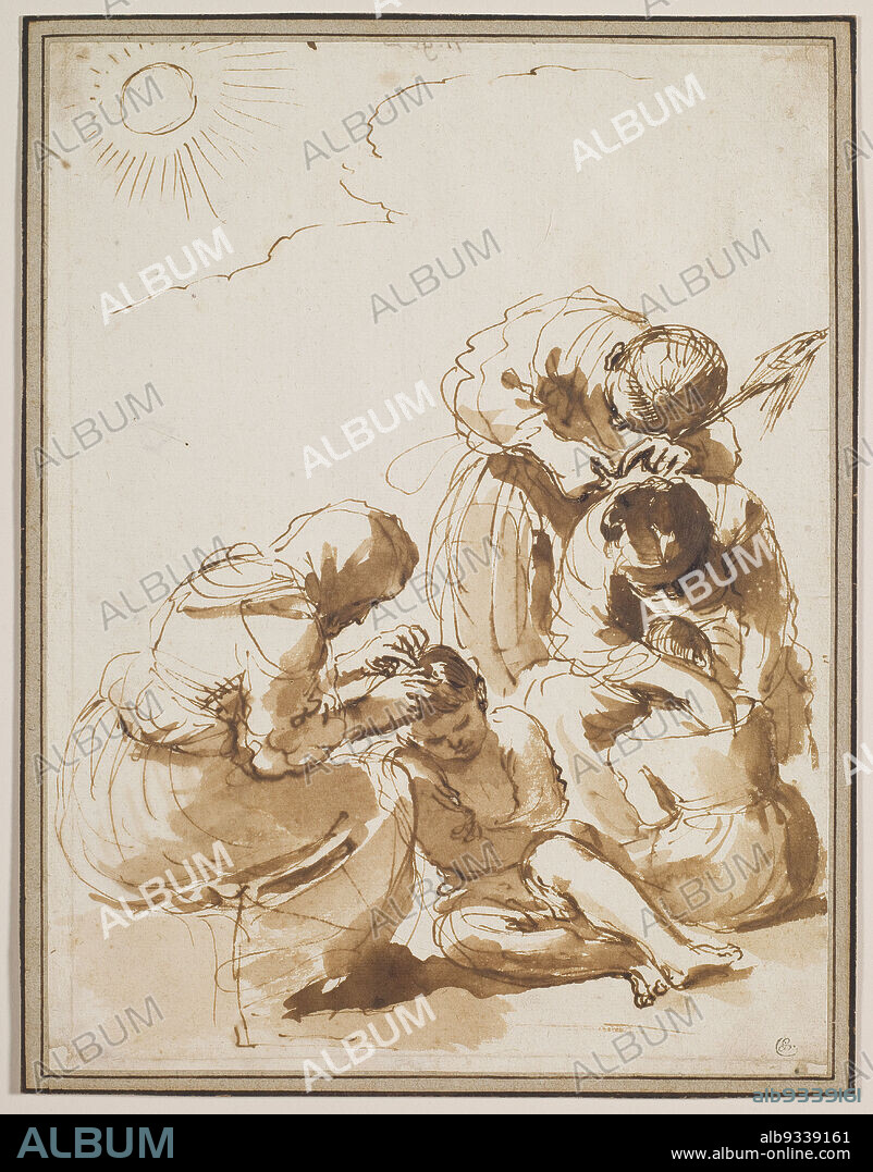 The Louse Hunters, Giovanni Francesco Barbieri (called Guercino), Italian, 15911666, early 1620s, Pen and ink, wash, Drawings & watercolors, image (irregular): 11 in. x 8 3/8 in. (27.9 x 21.3 cm).