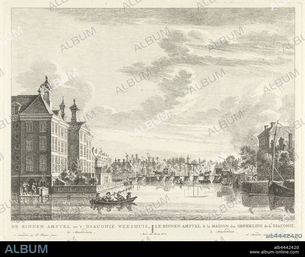 View of the Binnen-Amstel and the Diaconieweeshuis in Amsterdam De Binnen Amstel and 't Diaconie Weeshuis, in Amsterdam / Le Binnen Amstel & the Maison des Orphelins de la Diaconie, à Amsterdam (title on object), View of the Binnen-Amstel with the Diaconieweeshuis in Amsterdam on the left. Seen from the Staalkade towards the west towards the Blauwbrug. Below the show the title in Dutch and French, orphanage, canals, waters (in city) (city (-scape) with figures, staffage), bridge in city across river, canal, etc. (city (-scape) with figures, Diaconieweeshuis, Binnen-Amstel, Simon Fokke (mentioned on object), 1760 - 1783, paper, engraving, h 287 mm × w 362 mm.