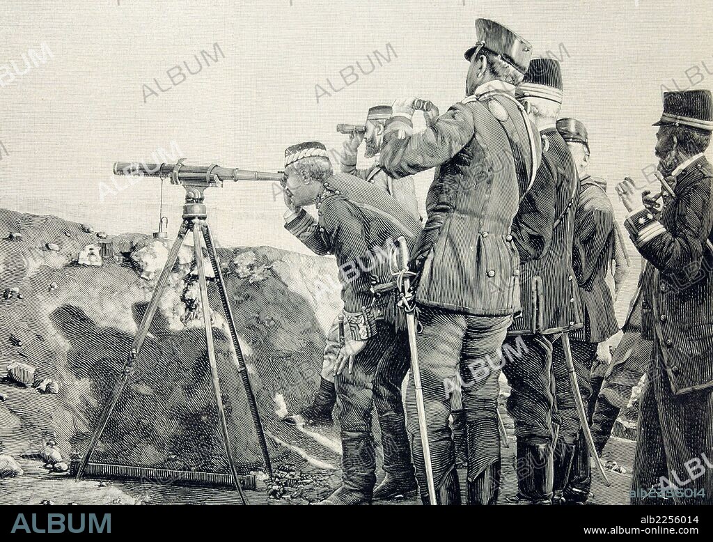 GUERRA DE MELILLA O GUERRA DEL RIF 1890-1909. REGENCIA DE MARIA CRISTINA DE HABSBURGO. REINADO DE ALFONSO XIII. " EL GENERAL MONTERO EXAMINANDO LAS POSICIONES DE LOS RIFEÑOS , AÑO 1893 ".