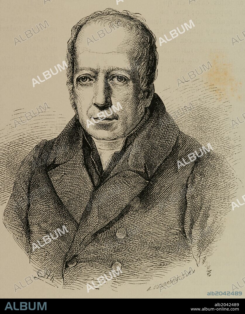 ADOLF NEUMANN. HUMBOLDT, Alexander von (Berlín, 1769-1859). Naturalista y geógrafo alemán. Exploró, junto con el botánico francés A. Bonpland, las islas Canarias, Venezuela, el Orinoco, el río Negro, Cuba, el río Magdalena, Bogotá, el Ecuador y México. Grabado de A. Neumann. "Nuestro Siglo", año 1883.