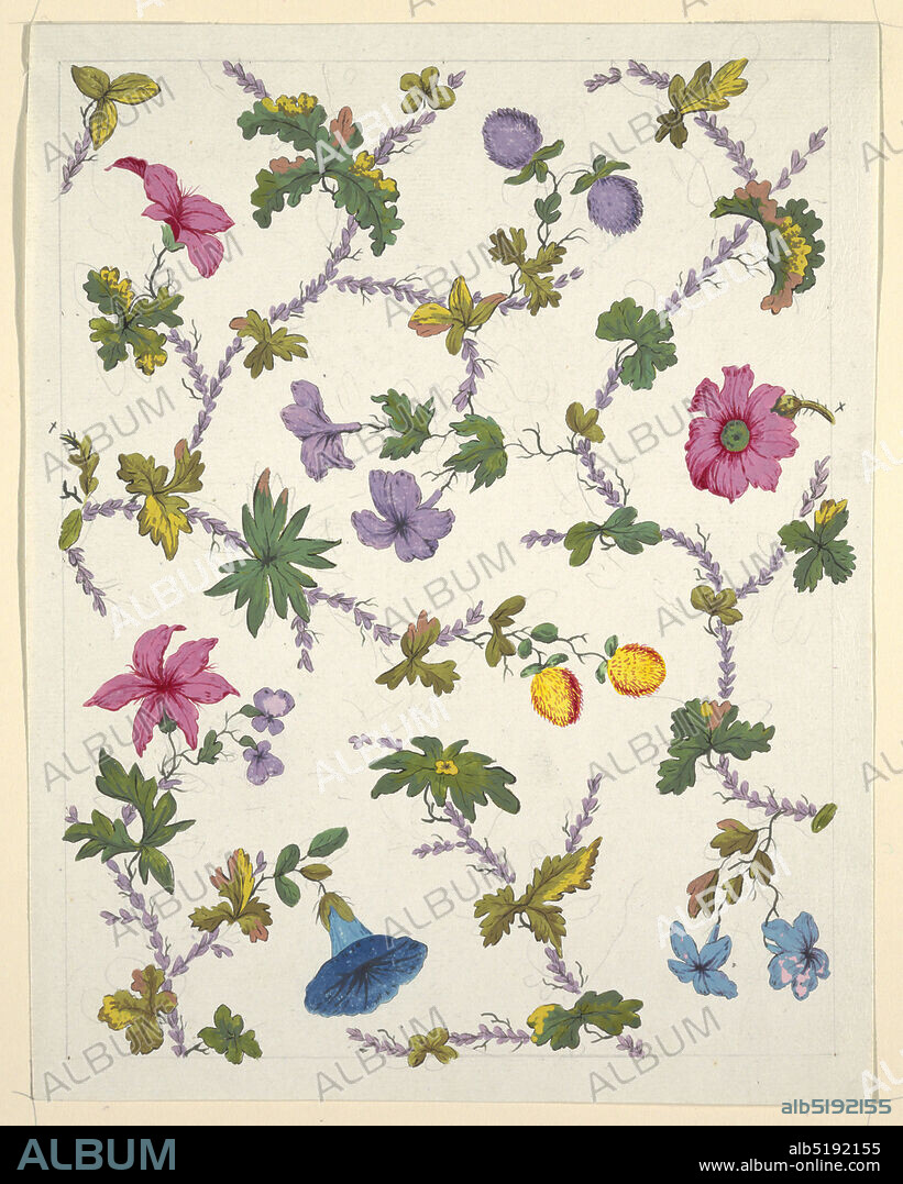 Floral design for printed textile, Louis-Albert DuBois, Swiss, 17521818, Brush and gouache, graphite on white wove paper, Intertwining pattern of pink, purple and blue flowers on purple leaf stems. Graphite lined border on white ground., France, 18001818, textile designs, Drawing, Drawing.
